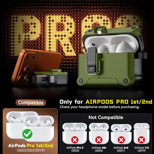 Image of Inesore for AirPods AirPods Pro 1st /2nd Case with Secure Lock (Dark Green) | Phone Stand Design,Compatible with MagSafe,Automatic Snap Switch Secure Cover with Cleaner Kit & Keychain