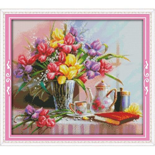 Image of JOYSEWING Colorful vase Pattern Stamped Cross Stitch, Counting Cross Stitch Kit for Adult Beginners, DIY Needlepoint Craft Kits, Home Decor-Pre Printed (Beautiful Flowers(14CT) 18.11 x16.54 inch)