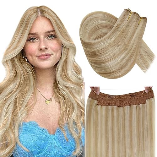 RUNATURE Invisible Wire Hair Extensions Real Human Hair 18 Inch Fish Line Hair Extensions Human Hair Ash Blonde Highlights Blonde One Piece for Women Straight Hair 100g #18p613