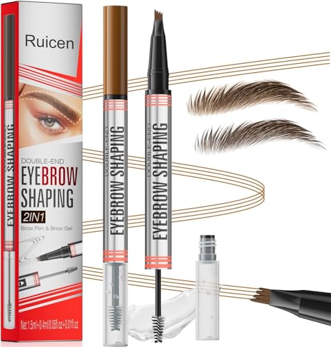 Eyebrow Pencil with Eyebrow Gel, Ruicen 2-in-1 Microblading Eyebrow Pen and Brow Gel with 4 Fork Tip, Real-Looking-Fill Define and Shape Brows, 24H Wear, Waterproof & Smudge-proof, Light Brown