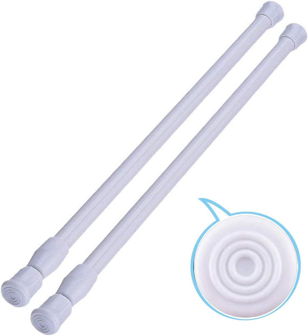 2 Pack Small Tension Rods 15.7 in to 28 Curtain Rods Window Rods in Extendable Width Spring Cupboard Bars for Kitchen Utensils, Closet, and Cabinet, Fit in The Spaces to Stay Up