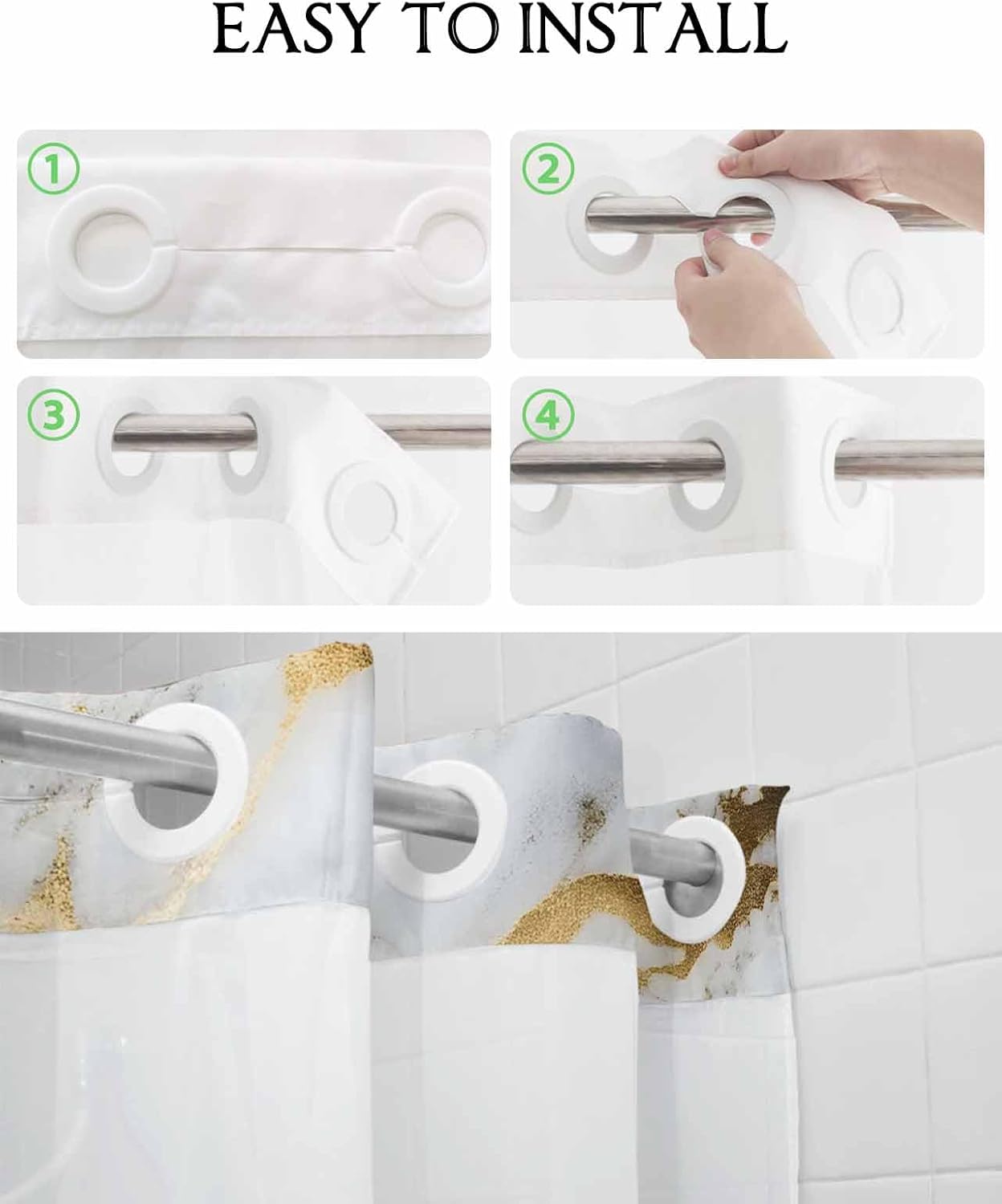 Abstract No Hook Shower Curtain with Snap in Liner, Modern Art White Gold Marble Bath Curtain with See Through Top Window Double Layer Waterproof Bath Decorative 36" x 72"