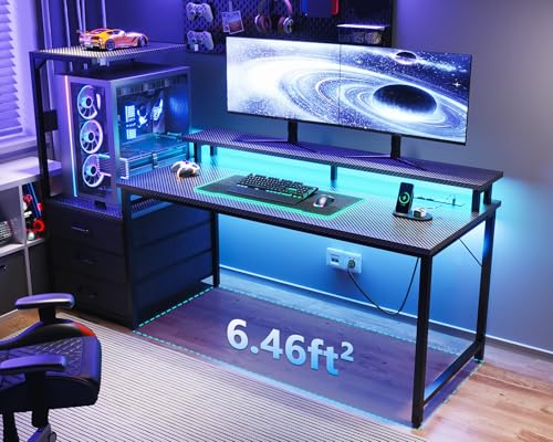Image of AODK 63 inch Gaming Desk with PC Display Stand, Reversible Steel Wood Computer Desk for Gaming Setup, Tiered Design to Show Off Your PC Tower & Accessories, Black
