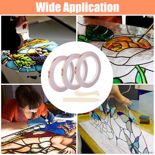 PEUTIER Kupferfolienband Set für Buntglasarbeiten, 5mmx60m 3 Rollen Leitfähiges Klebeband mit 2 Werkzeugzubehör für EMI-Abschirmung Elektrische Reparatur Papierschaltkreise Gitarren-Dämpfung