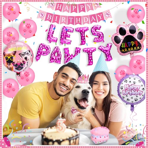 homdat Hunde-Geburtstagsparty-Zubehör, Hunde Geburtstag Mädchen, Hund Geburtstag Set with Dreieck Bandana Krone Hut Schal Kragen Bow Happy Birthday Banner, Geburtstagsparty-Dekorationen (Rosa)