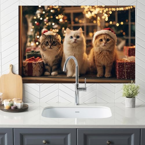 Image of Christmas Cats Santa Hat Backsplash Peel and Stick, 35.4x23.6 in
