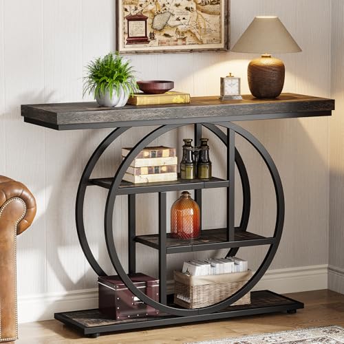 Image of Tribesigns 41.3 inch Console Table, Industrial 4-Tier Sofa Table Entryway Table with Circle Base, Narrow Wood Accent Tables with Storage Shelves for Living Room, Hallway, Foyer, Charcoal Black