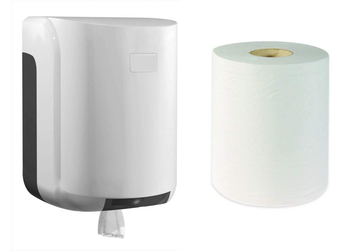 Pack dispensador de bobinas de Papel secamanos más 1 Rollo secamanos Mecha Adecuado para Este dispensador. Especial para comunidades, Bares y restaurantes