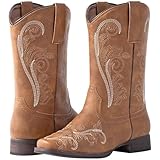J's.o.l.e Floral Cowboy Boots for Women Square Toe Mid Calf Western Fashion Summer Cowgirl Boots Tan US 9