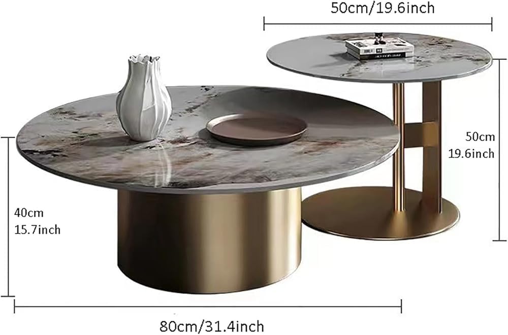 Juego de Mesa de café de anidamiento Redondo 2, Marco de Metal Negro Superior de Piedra sinterizado, mesas auxiliares de Ahorro de Espacio para la Oficina de apartamento de la Sala de Estar