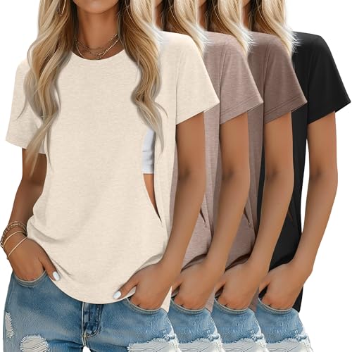 Image of Oakgarden 4 Pack Women's Nursing Breastfeeding Shirts with Zipper Loose Fit Short Sleeve Maternity Top Nursing Clothes