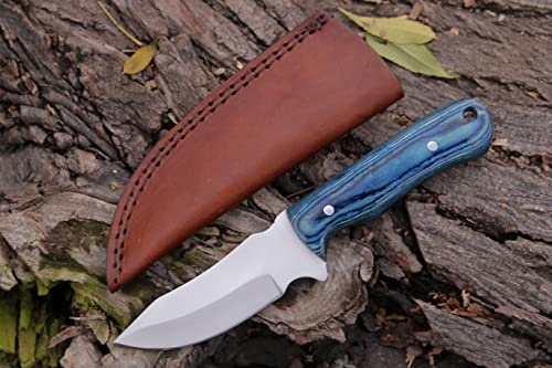 Exemplary Knives 9'' Handmade Fixed Blade Knife With Leather Sheath, Stainless Steel Razor Sharp Blade And Blue Pakkawood Handle For Hunting, Bushcrafting, Camping And Hiking. #TOP4