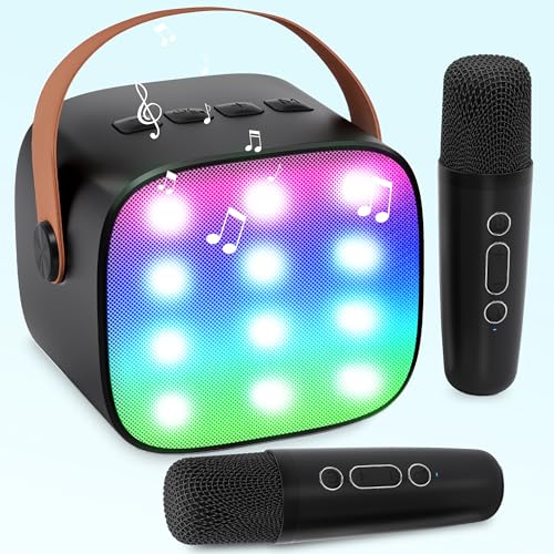 Kinder Karaoke Maschine, Karaoke Mikrofon Tragbarer Bluetooth Lautsprecher mit LED Lichteffekten für Kinder Erwachsene, Geschenke für Mädchen，Spielzeug für 3 4 5 6 7 8+ Jahre (Schwarz)