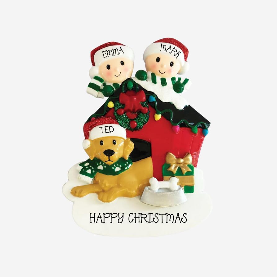 Personalised Family Christmas Xmas Tree Bauble Decoration Ornament | Family with Dog in Kennel| Groups 2, 3, 4, 5 & 6 (Family of 3)