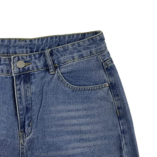 FCYYUETY Women High Rise Slit Split Hem Bootcut Distressed Blue Flare Jeans Ripped Hole Denim Pants4