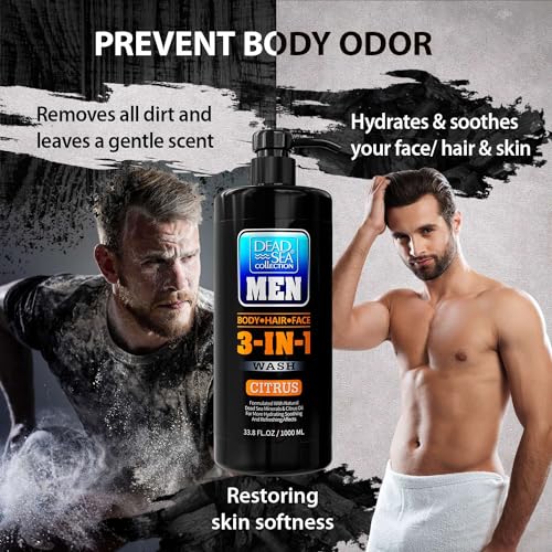 Dead Sea Collection Mens Body Wash 3 in 1 – Citrus Body Wash for Men – Shower Gel – Shampoo – Shower Soap for Face and Hair – Pack of 2 Bottles (33.8 Fl. Oz. Each)