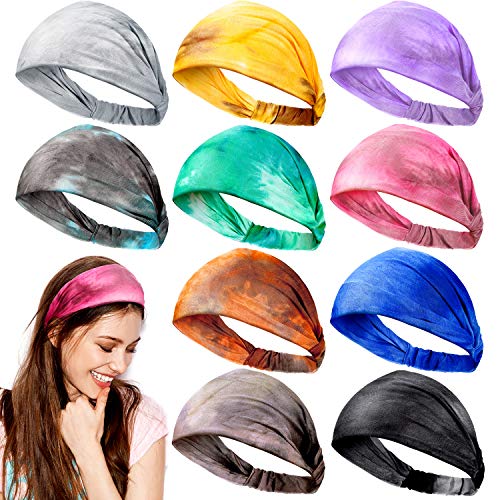 10 Pieces Tie Dye Bandana Headbands Boho Headbands Wide Elastic Turban Head Wrap Yoga Running Hairband Vintage Hair Accessories for Women Girls