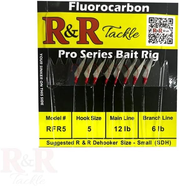 RFR5-10 pk Fluorocarbon Pro Series Bait Rig – 8 Red Size 5 Hooks with Lifelike Fish Skin – 12lb Main Line & 6lb Branch Lines – Sabiki Rig for Pilchards, Sardines & Herring