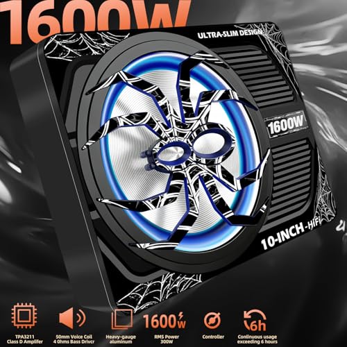 Image of Upgraded 10 Inch 1600W Under Seat Subwoofer with Amp, Powered Slim Sub, Blue LED Ambient Light, (LPF /Gain /Bass Boost) Independent Bass Knob, Car Audio Subwoofer Package for Truck SUV Jeep MPV