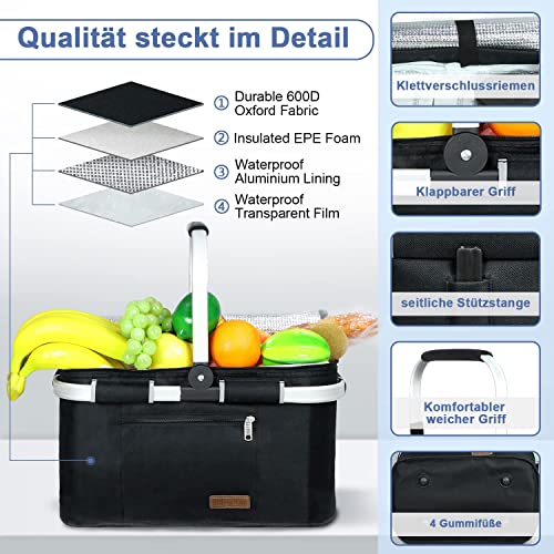 ABIUBIU 35L Kühltasche Einkaufskorb Picknickkorb Große isolierte Kühlkorb Lunchtasche Thermo Tasche für Büro Camping Picknick Reisen Seitenstütze Aufrecht Halten