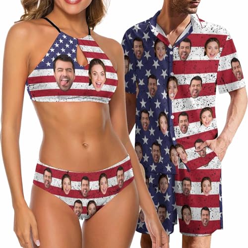 Custom Face Matching Swimsuits for Couples Personalized 2 Piece Set for Men Hawaiian Set Women's Bikini Sets
