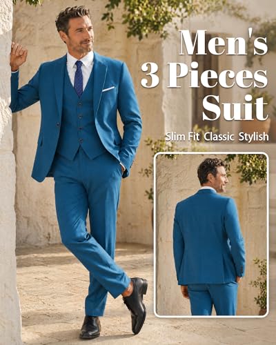 Image of MY'S Men's 3 Piece Suit Set with Tie, One Button Slim Fit Solid Jacket Vest Pants, Prom Party Wedding Business Suits for Men