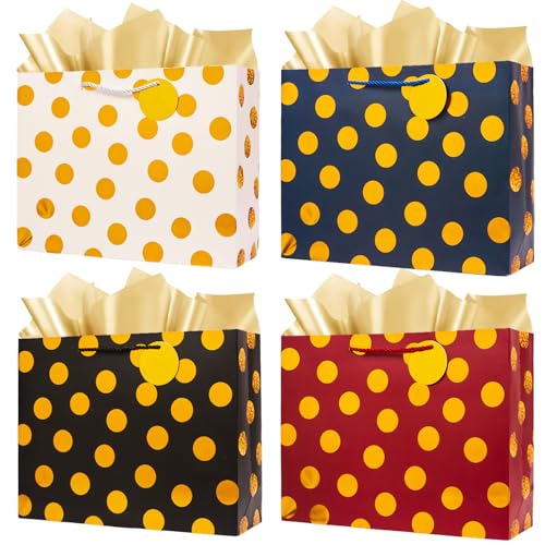 Image of 4 Pack Large Gifts Bag - 12.6'' Paper Gift Bags with Tissue Paper - 4 Assorted Glitter Pattern Treat Bags for Presents & Holidays (White)