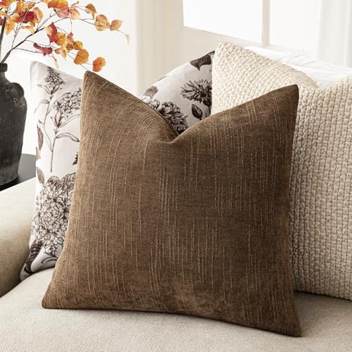 Image of Foindtower Set of 2 Soft Textured Chenille Throw Decorative Pillow Covers Square Accent Solid Cushion Cover Cozy Neutral Farmhouse Pillow Case for Couch Sofa Bedroom Living Room 22x22 Inch,Dark Bronze