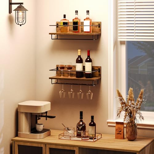 HOOBRO Wall Mounted Wine Rack 2 Pack, Hanging Wine Shelves, Wine Glass Bottle Rack Stemware Holder...