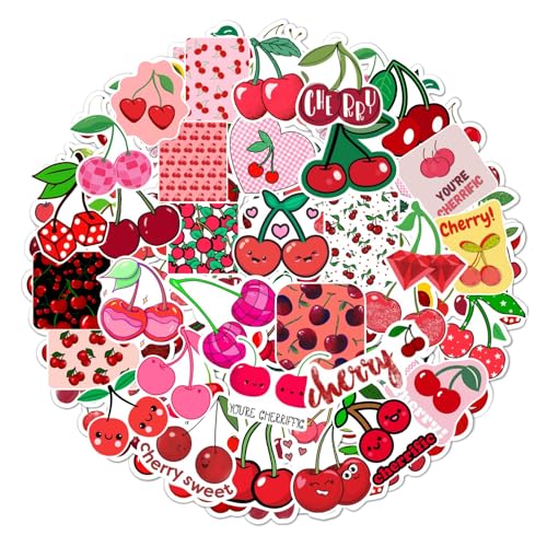 Image of 100Pcs Cherry Stickers for Water Bottle and Laptop - Fruit Party Favors & Decorations, Waterproof Vinyl Nature Decals, Cute Cherry Stickers Laptop Decals, Gifts for Women & Men