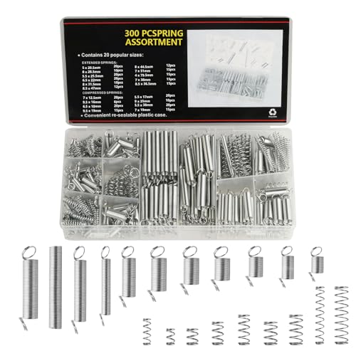 300 Stk Feder Zugfedern Sortiment Set, Edelstahl Druckfedern & Spannfeder Set, Spiralfedern Metallfeder Sprungfeder Stahlfedern Spannfedern für Werkzeuge Geräte Auto Compression Springs(20 Größen)
