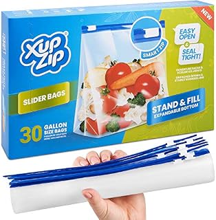 Food Storage Freezer Bags by XupZip | Heavy Duty Slider Ziplock Bags | Airtight Smart Zip Bags with Expandable Bottom | Stand and Fill BPA Free Food Storage Bags  30 x Gallon Food Bags (4.55L)