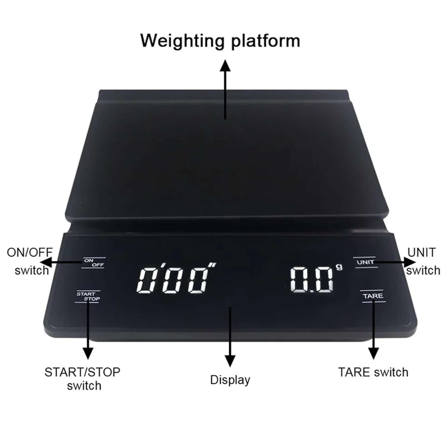 3kg Large Capacity High-Precision Coffee Scale Digital Scale with Timer Baking Scale One-Click Zero Anti-Slip Mat Multi-Functional Food Scale Unit Conversion Battery 2*AAA Design Black