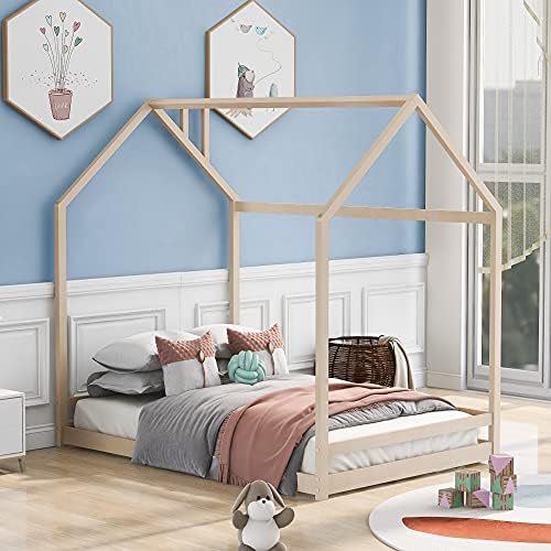 Merax Full Size Wood House Bed, Wooden Bedframe with Roof for Kids, Teens, Boys or Girls, Natural