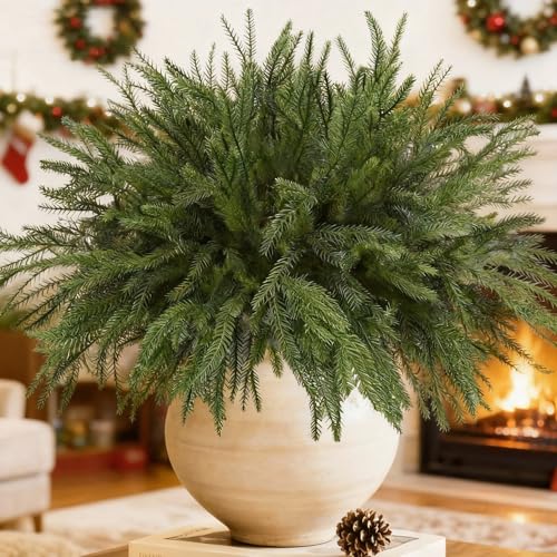 Eunhdet 16 Pcs Real Touch Christmas Norfolk Pine Stems, 18' Artificial Norfolk Pine Branches Picks...