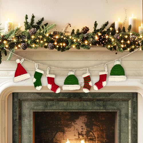 Christmas Crochet Stockings Decoration Knit Christmas Banner Hanging Rustic Xmas Decorations for Mantle Fireplace Mini Stockings Ornament for Xmas Tree Mantel Stairs Decor