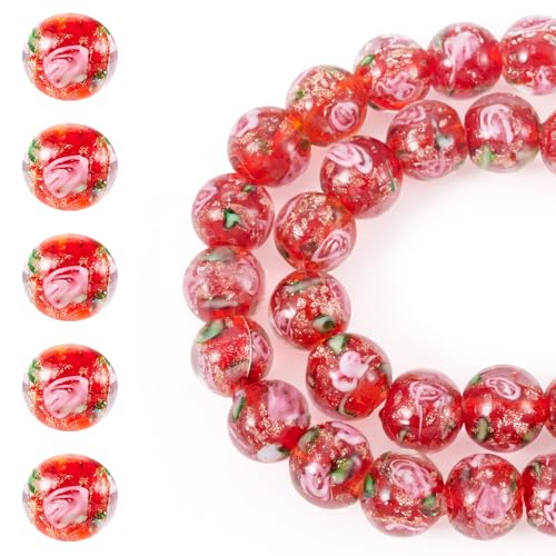 Image of Magibeads 40Pcs 10mm Handmade Gold Sand Lampwork Beads Red Crystal Glass Beads Strand Round with Flower Loose Spacer Crystal Rosary Bead for Jewelry Making Necklace Bracelet Earring Crafting