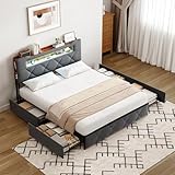 Bett 140 x 190 cm mit LED- und USB-Bettgestell, gepolstertes Doppelbett mit 4 Schubladen, gepolstertes Bett mit großem Stauraum, Litss mit Schubladen für Erwachsene und Jugendliche (Grau-D, 140 x 190