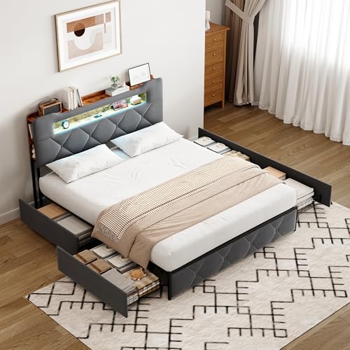 Podwójne łóżko tapicerowane 140 x 190 cm z 4 szufladami, łóżko tapicerowane 140 x 190 z portem USB, łóżka do przechowywania ze stelażem listewkowym, łóżka 2-osobowe dla dorosłych i nastolatków (szary