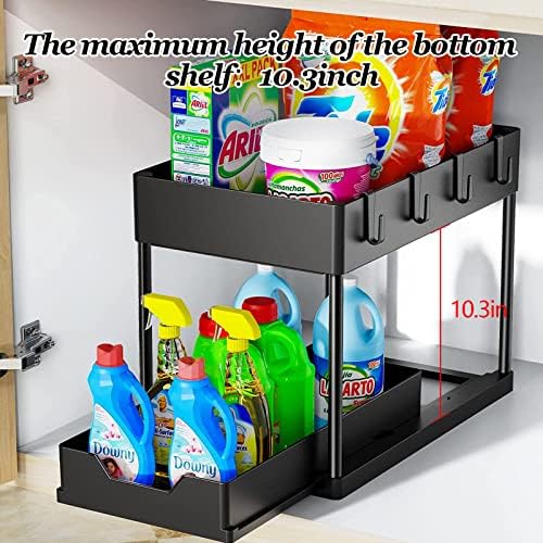 Under Sink Storage Kitchen Organiser, 2 Tier Under Sink Shelf with Slide Out Drawer, Multi-Purpose Slim Organizer for Kitchen Bathroom, Laundry Room -Black