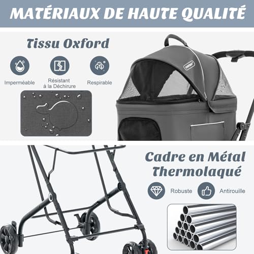 Poussette 3 en 1 pliable à 2 niveaux pour chiens et chats gris - 5