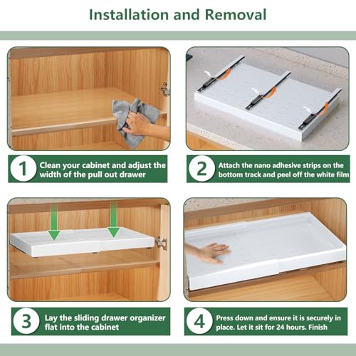 Pull Out Cabinet Organizer, 21" Deep, Expandable(12.6"-21.3"), Slide Out Drawers for Cabinets with Adhesive, Adjustable Roll Out Shelves for Kitchen Pantry (White-2 Pack, 21"D x 12.6"W x 2.76"H)