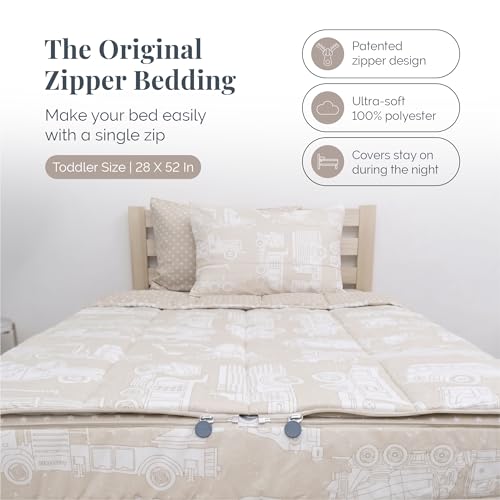 Image of Beddy's Mack Trucks Theme Durable Zipper Bedding for Kids - Bed in a Bag - Tan Sheets & Comforter with Construction Trucks & Cars - Includes Pillowcase & Sham - Easy to Make & Wash - Toddler