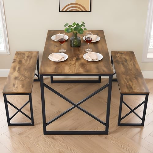 Image of VECELO 43.3 inch Kitchen Dining Table Set for 4, Heavy-Duty Steel Frame & Wood-Grain Tabletop, Space-Saving Dinette Sets with 2 Benches for Breakfast Nook and Small Space, Brown