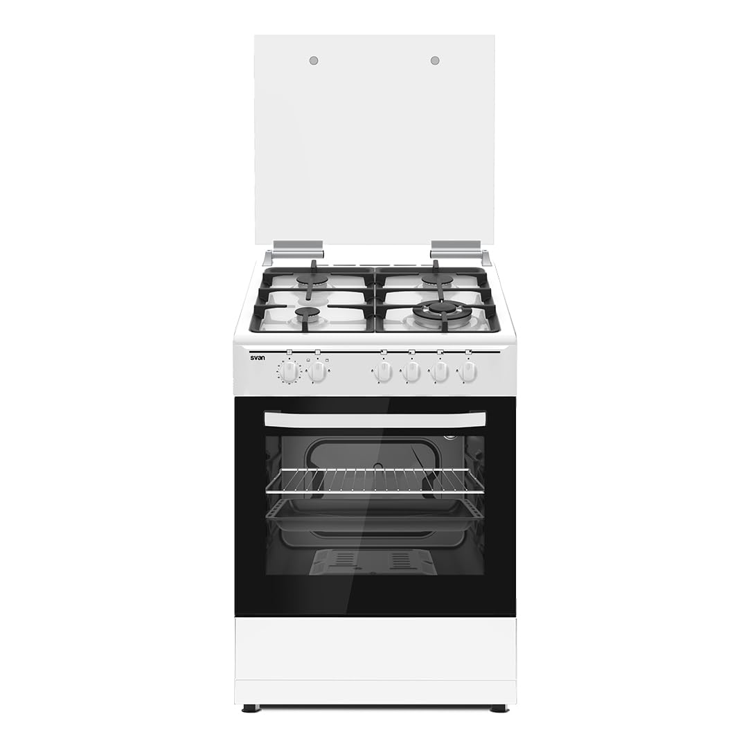 Svan Cuisinière gaz butane 4 zones de cuisson, four 63 l, blanc SKGW4602. Contrôle manuel, brûleur WOK triple flamme, 2 programmes de cuisson, verre en porte à double couche, couvercle rabattable