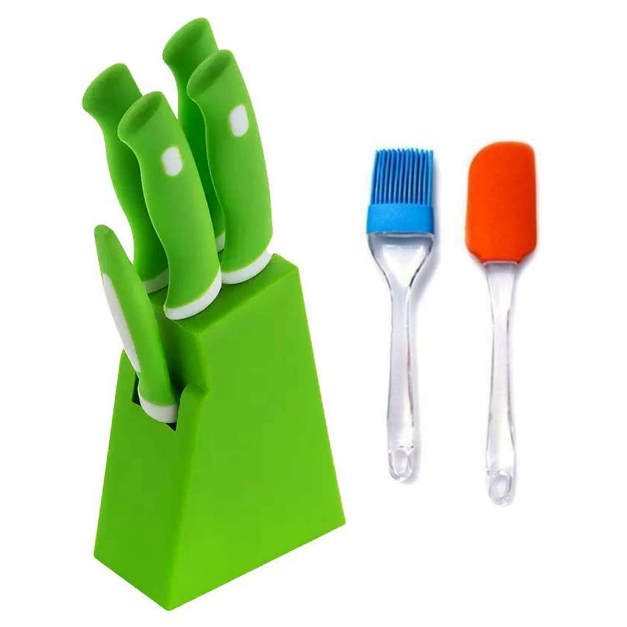Knife Set Sharp with Stand Combo Kitchen Knife Set with Holder Stand 5-Pieces Knife + 1 Stand (Plastic) + 4 Knife + 1 Peeler Kitchen Knife Set with Spatula & Oil Brush Set for Home