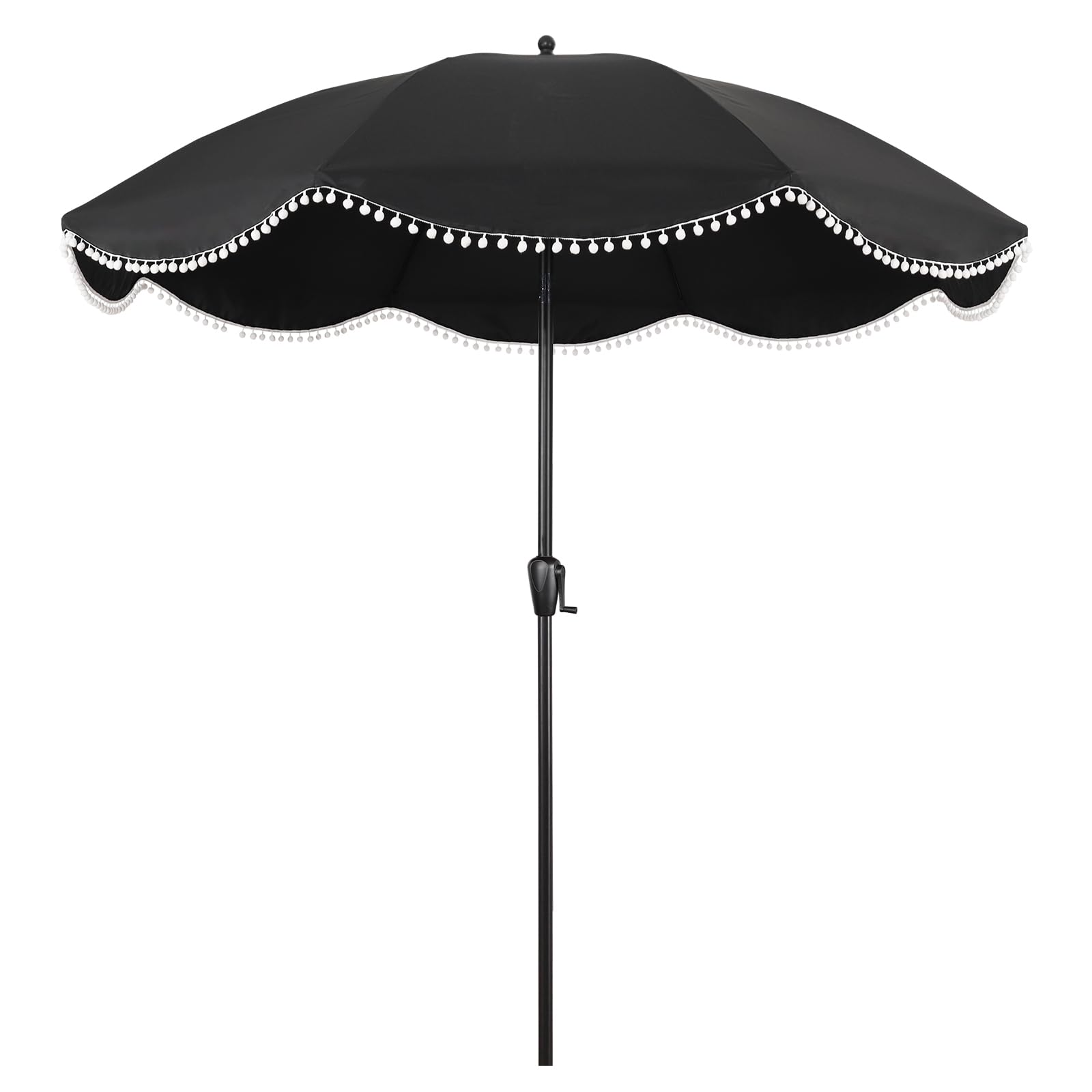 Sun-Ray 9' Patio Umbrella with Black Canopy and White Fringe Accents, Black Frame Market Umbrella for Patio, Deck, and Backyard