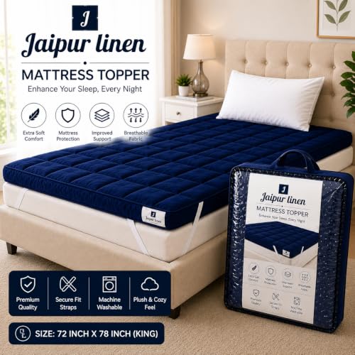 Image of 1200 GSM Mattress Topper | King Size 72 x 78 Inch | Soft Microfiber Filling | Breathable Comfort | Dark Blue