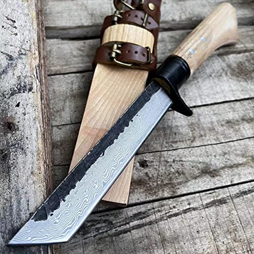 Aulakniv Damascus Tanto Fixed Blade Hunting Knife With Wooden Sheath, Japanese Camping Survival Knives With Wooden Handle #TOP6