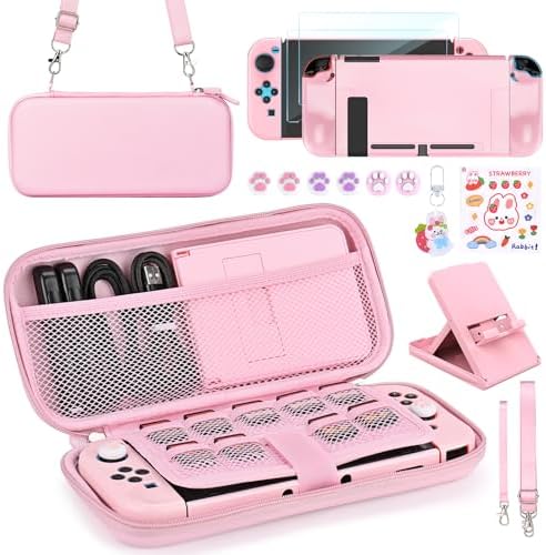 Younik Switch Accessories Bundle, 17 in 1 Switch Accessories Kit for Girls Include Switch Carrying Case with 9 Game Card Slots, Adjustable Stand, Protective Case for Switch Console & J-Con (Pink)